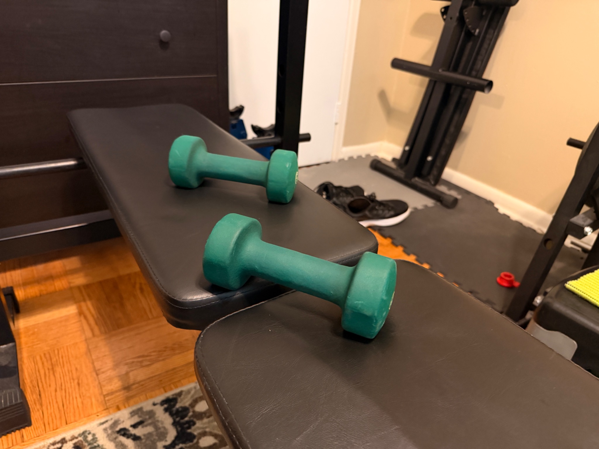 A pair of light dumbbells resting on a workout bench in a home gym