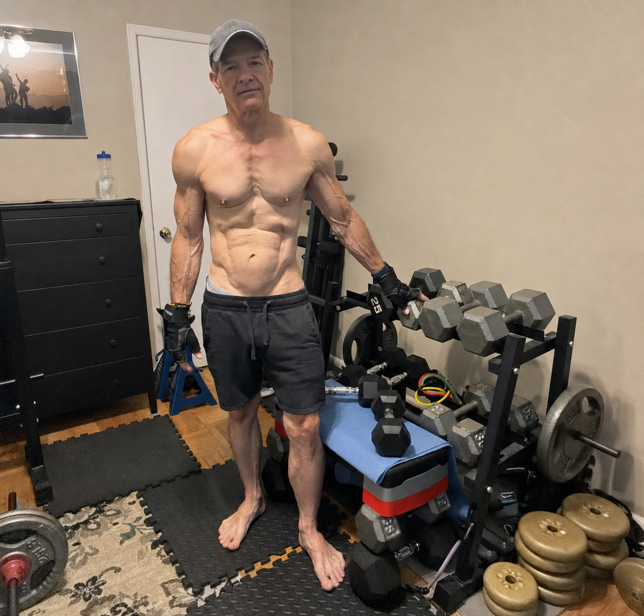 John standing beside the dumbbells and equipment in his compact home workout room