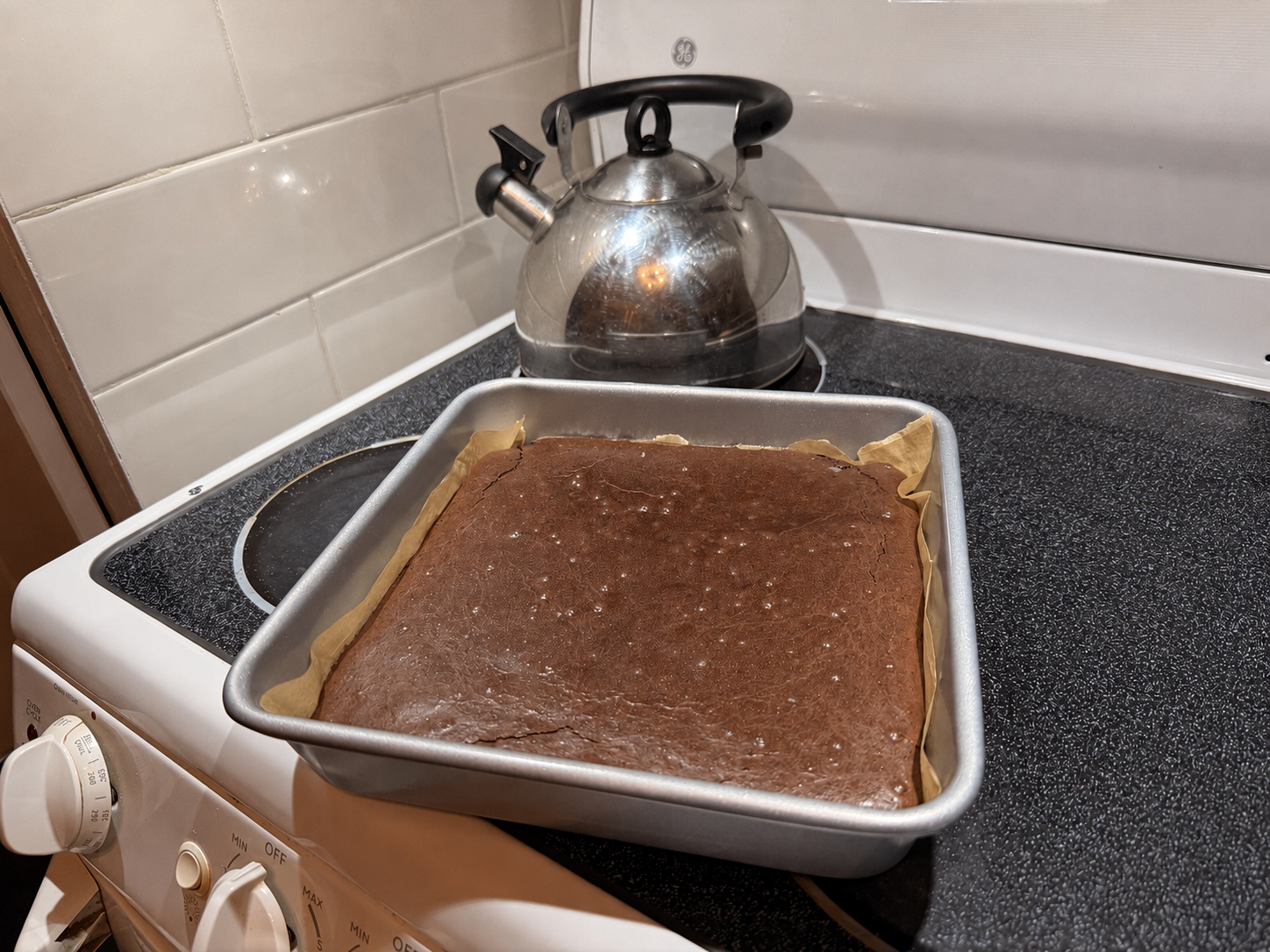 John's homemade chocolate protein bars cooling in their baking pan